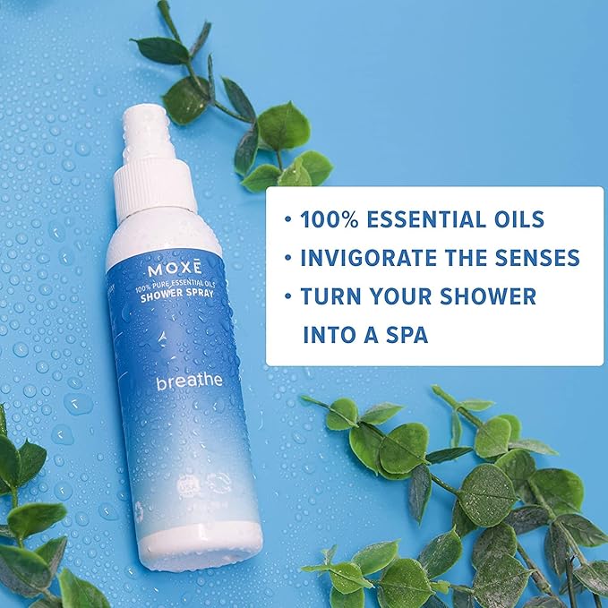 MOXE Shower Mist, Spa Steam Spray, Certified Natural Essential Oils, Aromatherapy, Tension Relief (Breathe, 4 Fl Oz (Pack of 2))