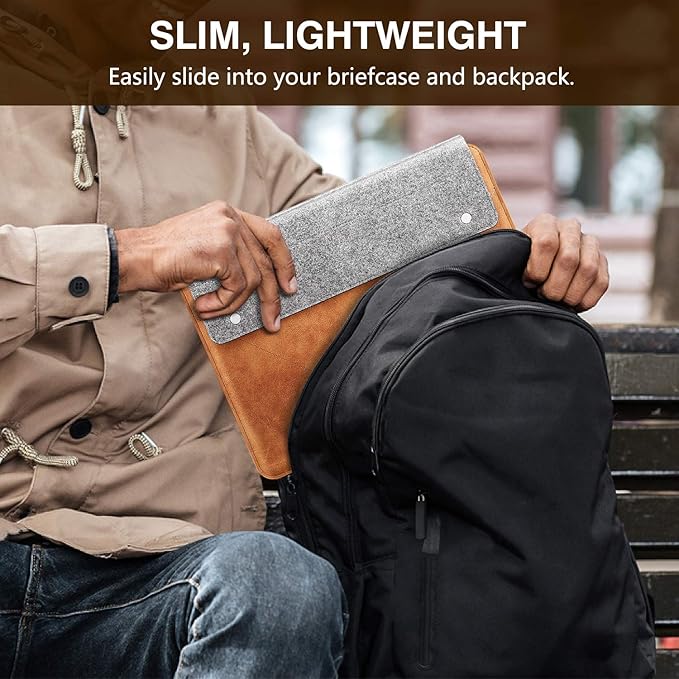 MoKo 13-13.3 Inch Laptop Sleeve Fits MacBook Pro 13" M2/M1, MacBook Pro 14", MacBook Air 13.3", iPad Pro 12.9", Surface Pro 9/8 13", Felt & PU Leather Case Bag with Pocket, Gray&Brown