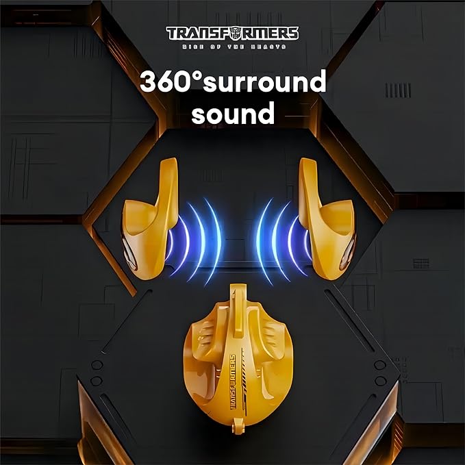 TRANSFORMERS Open Ear Earbuds with Ear Hooks,Open Ear Headphone True Wireless Earbuds Over Ear Headphones Bluetooth 5.4 60H Play,IPX5 Waterproof for Work Fitness Running Yoga Gym, Yellow-Bumblebee