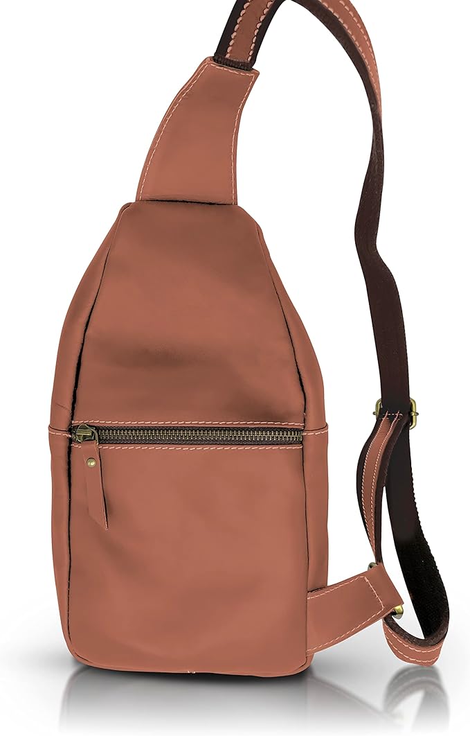 Leather Cross-body Sling Bag Casual Daypack Backpack Chest Shoulder Multi-Purpose Timeless Design Small Men (Light Brown)