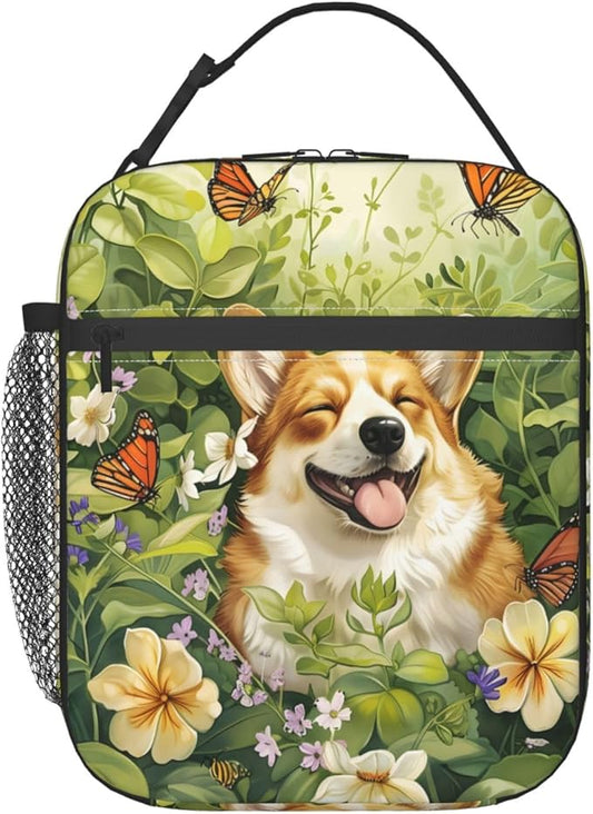 Cute Dog Lunch Box for Women Girls Kids, Insulated Cooler Puppy Lunch Bag for School, Picnic, Office, Work, Travel, Portable Reusable Thermal Tote Polyester Lunch Bags (Corgi Garden)