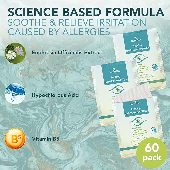 NOVEHA Eyelid & Lash Wipes | lid and lash Cleansing Wipes, Soothing For Sensitive Eyes, (60 Count each (Pack of 3))