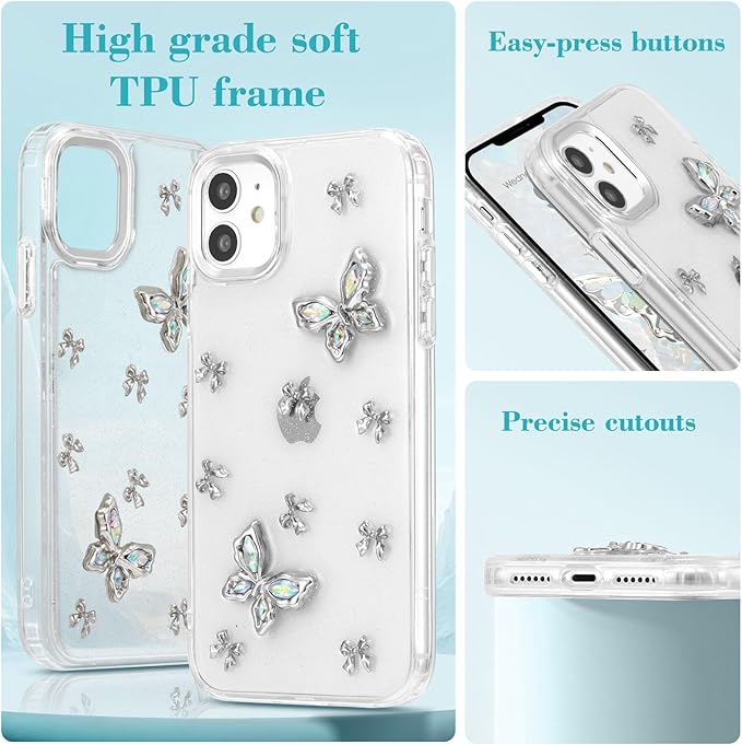EYZUTAK Case for iPhone 12/iPhone 12 Pro, Bling Glitter 3D Butterflies Bowknot Phone Case Cute Crystal Clear Bow Aesthetic Case Slim Soft Durable TPU Transparent Protective Cover for Women - Butterfly