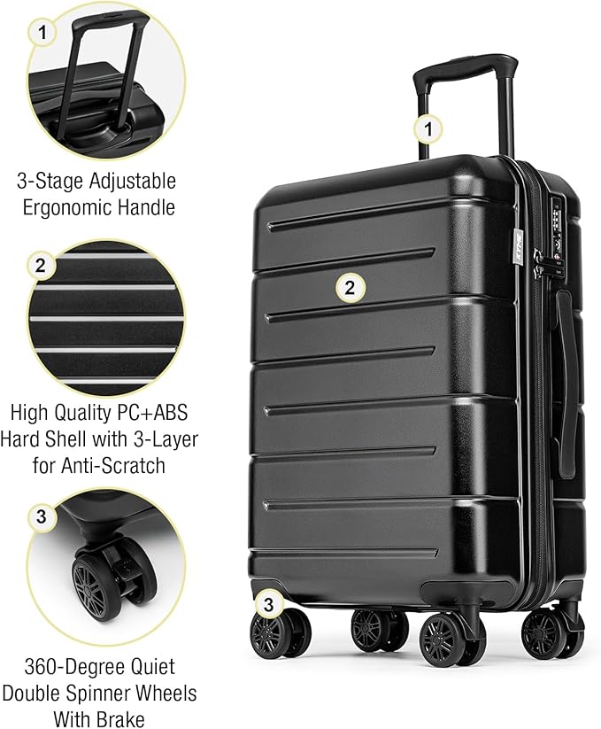 KYME Luggage Sets 3 Piece Hard Shell 22in/26in/30in Suitcases with Wheels Hardside Suitcase Set with TSA Lock Travel Rolling Luggage Set for Women Men Black