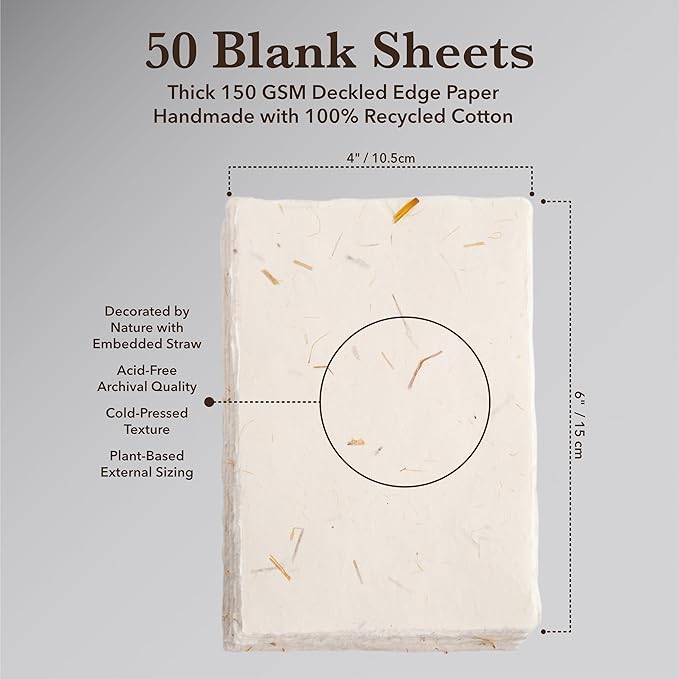 Wanderings Handmade Cream Deckle Edge Blank Paper with Straw - 4x6 - Pack of 50 - Watercolour/Mixed Media Paper - Save The Date Invitations Greeting Cards Notes DIY Arts Crafts - Thick 150 GSM