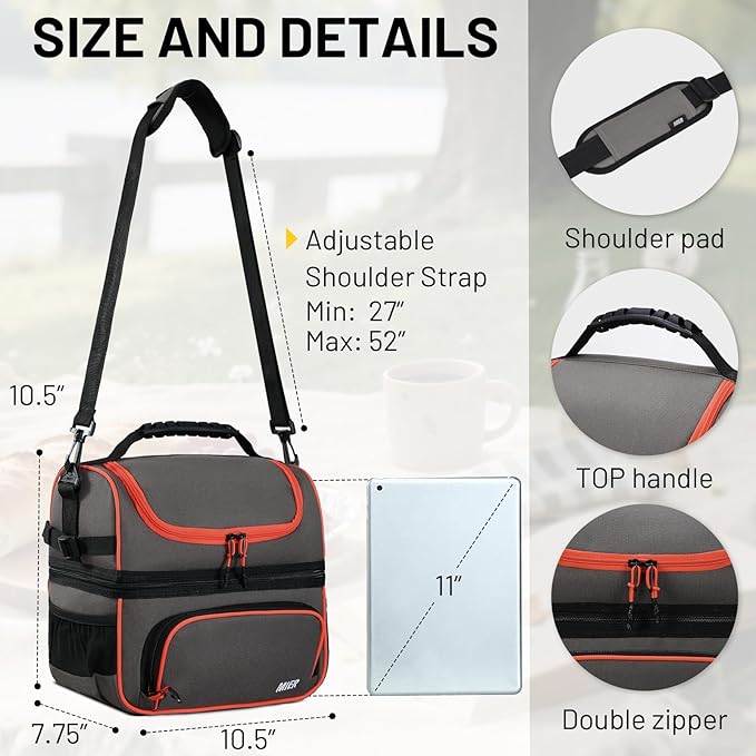 MIER 2 Compartment Lunch Bag Tote with Shoulder Strap for Men and Women Insulated Leakproof Cooler Bag, Grey/Orange