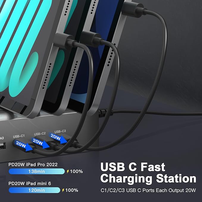 MSTJRY 90W 6-Port USB C Fast Charging Station for Multiple Devices, Multi PD Charger Station for iPhone iPad Tablet Phone, Charging Dock Organizer with Adjustable Dividers for Home Office Classroom