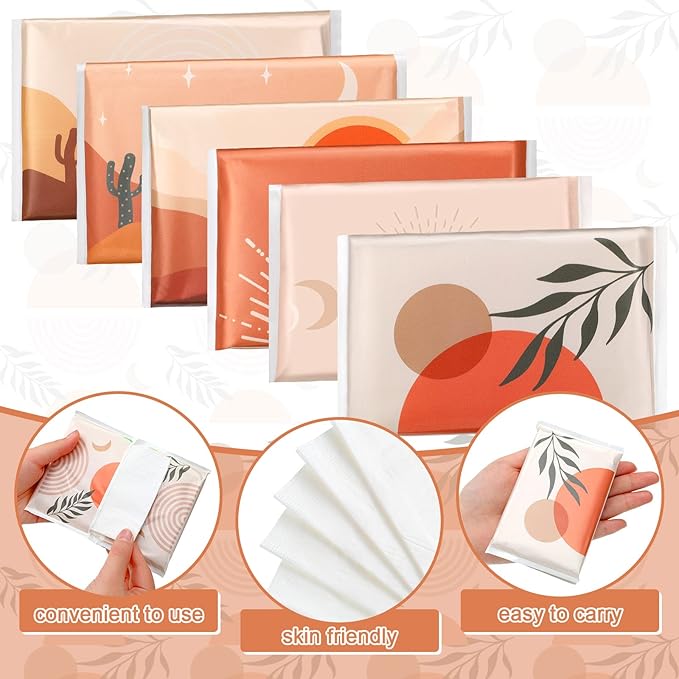 24 Packs Travel Size Tissue Pocket Slim Pack Facial 3 Ply Wallet Size Pocket Tissues for Travel Wedding Party Favors, 6 Styles(Sun Scene)