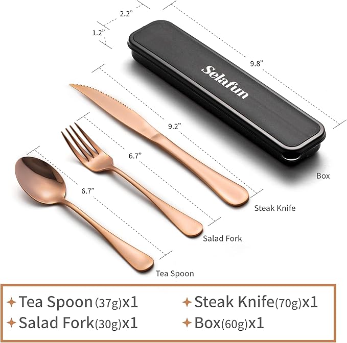 4-pieces Travel Set with Case Portable Silverware Utensils Set for work, Stainless Steel Reusable Flatware Set Cutlery Set for Camping Picnic Hiking Office (6.7inch, Rose Gold)