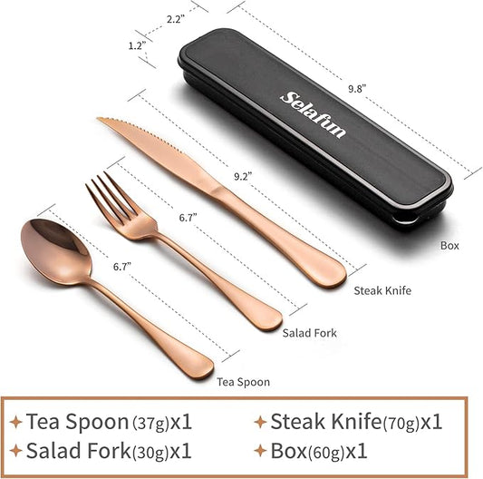 4-pieces Travel Set with Case Portable Silverware Utensils Set for work, Stainless Steel Reusable Flatware Set Cutlery Set for Camping Picnic Hiking Office (6.7inch, Rose Gold)