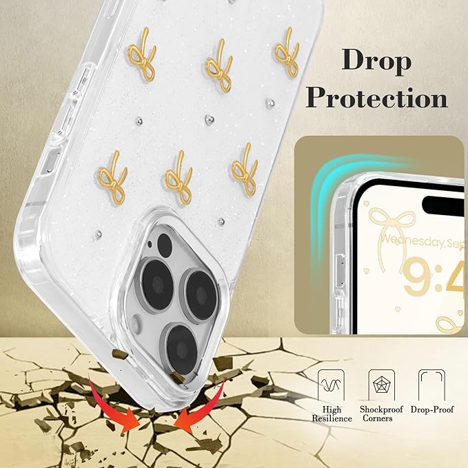 EYZUTAK Case for iPhone 14 Pro, Bling Glitter 3D Bowknot Phone Case Cute Sparkly Crystal Clear Bow Aesthetic Design Case Slim Soft Durable TPU Transparent Protective Cover for Women Girls - Gold Bow