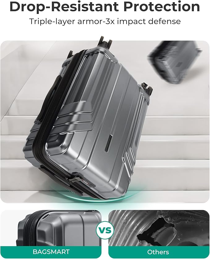 BAGSMART Expandable Carry On Luggage 22x14x9 Airline Approved, 1OO% PC Lightweight Hard Shell Suitcase, 20 Inch Travel Luggage with Spinner Wheels, Waterproof Rolling Suitcase, Gray…