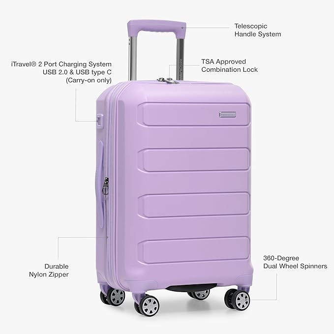 Traveler's Choice Pagosa Indestructible Hardshell Expandable Spinner Luggage, Lavender, 26-Inch Medium