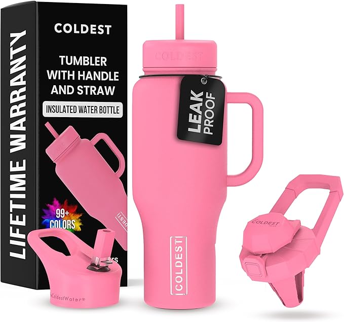 Coldest Tumbler with Handle and Straw, 100% Leak Proof Insulated Tumbler with Lid and Straw (3 Lids), Stainless Steel Tumblers for Women & Men, Cup Holder Friendly, 36 oz (Pink Perfection)