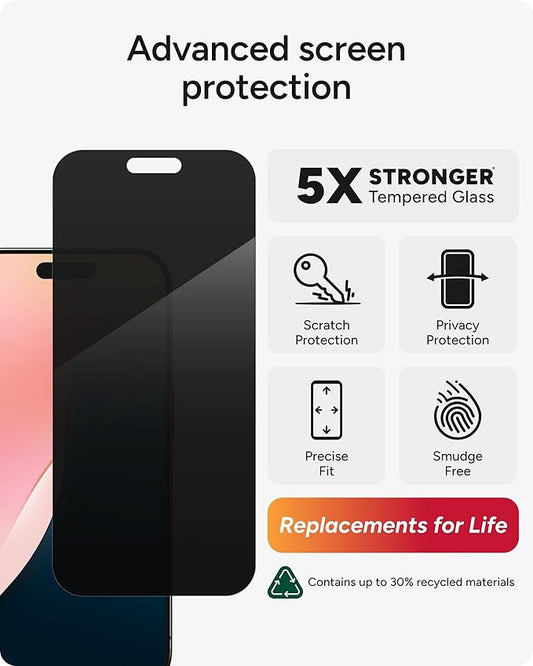 ZAGG Glass Elite Privacy iPhone 15 Pro Screen Protector - 5X Stronger with Reinforced Edges, 2-Way Privacy Filter, Scratch & Smudge-Resistant Surface, InvisibleShield, Easy to Install