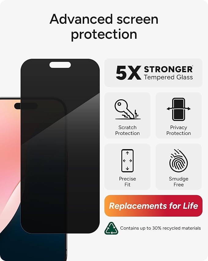 ZAGG Glass Elite Privacy Screen Protector for iPhone 16 Pro - 2-Way Privacy Filter, Ultra-Strong Tempered Glass, 5X Stronger, Smudge-Free, Easy Install, InvisibleShield, Recycled Content