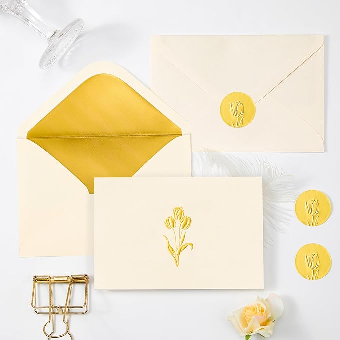 Crisky 50 Pack Blank Cards and Envelopes 4x6, Embossed Gold Foil Tulip Blank Greeting Cards Bulk for Wedding, Bridal Shower, Baby Shower, Birthday Party Decoration Favors