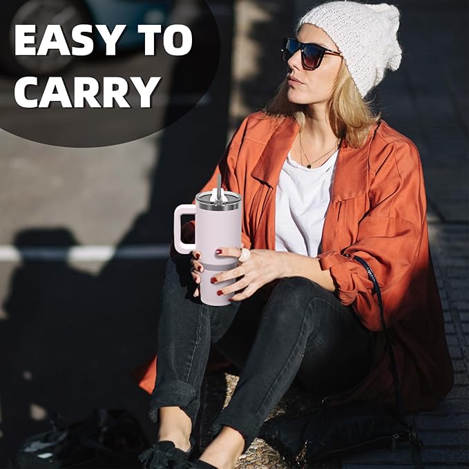 30 oz Tumbler with Handle,Tumbler with Lid and Straw,Double Wall Insulated Cup Stainless Steel Travel Mug(Cold for 34 Hours),Water Bottle for Iced Tea,Coffee,Cold Beverages(Rose Quartz)