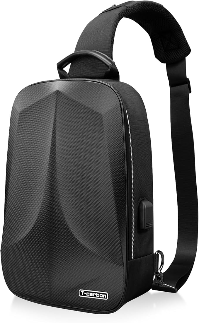 T-carbon Anti-Theft Crossbody Bag for Men,Travel Sling Bag Real Carbon fiber Hard Shell,Single Strap Backpack with USB and Reset Lock for Hiking Traveling Sporting Cycling Daily