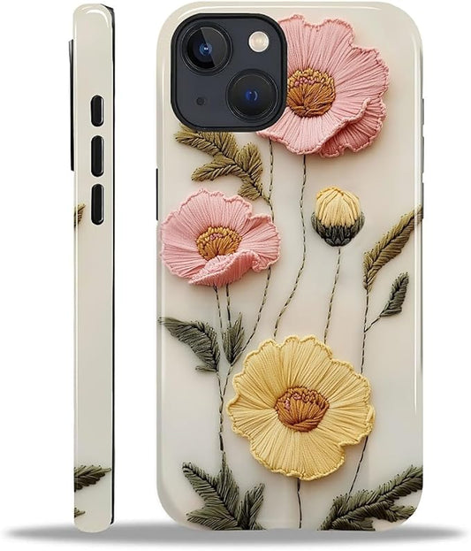 Case for iPhone 15 Case,Faux Embroidery Boho Floral Design - Hybrid Dual Protection Silicone + Hard PC Shockproof Full Body Cover Slim Anti-Scratch Protective Case for Men Women