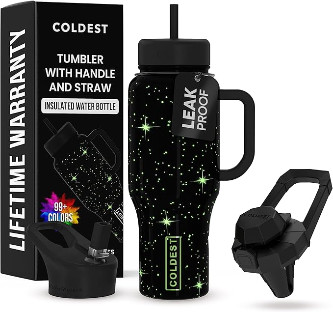 Coldest Tumbler with Handle and Straw - 100% Leak Proof Insulated Tumbler with Lid and Straw (3 Lids) - Stainless Steel Tumblers for Women & Men - Cup Holder Friendly Base, 36 oz (Farther Away)