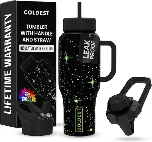 Coldest Tumbler with Handle and Straw - 100% Leak Proof Insulated Tumbler with Lid and Straw (3 Lids) - Stainless Steel Tumblers for Women & Men - Cup Holder Friendly Base, 36 oz (Farther Away)