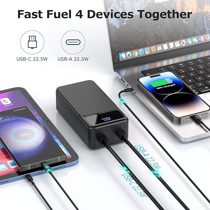 50000mah Power Bank 22.5W Fast Charging Portable Charger USB-C with 4 Outputs & 2 Inputs LED Display Huge Capacity External Battery Pack for iPhone, Samsung, iPad etc