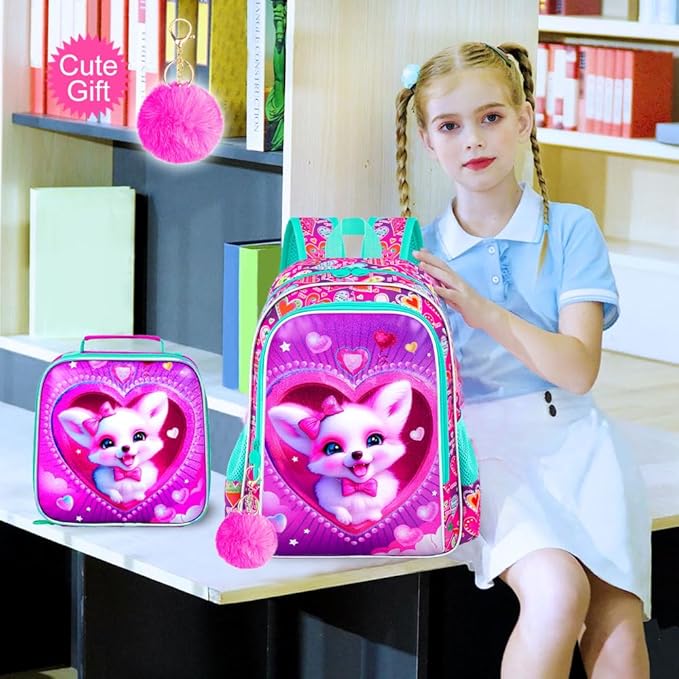 3Pcs Fox Backpack for Girls, 16" Kids Bookbag with Lunch Box, School Backpacks Set for Elementary Preschool Kindergarten(Pink)