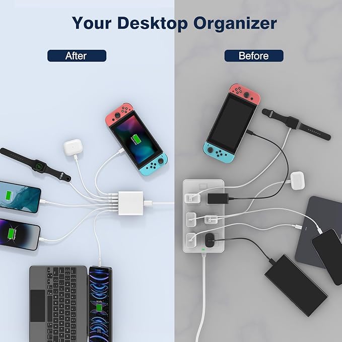 USB C Fast Charger Block, 100W 6 Ports Charging Station Hub for iPhone 16 15 14 13 Pro Max, iPad Pro Air Mini, Galaxy, for Air-pods 4, Pro 2, 25W PPS Type C Wall Charger with LED, 5ft Cord