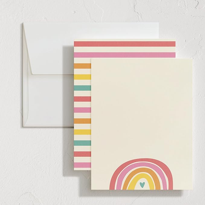 Minted Cheerful Stationery Set, Set of 10, Flat Note Cards & Envelopes for Invitiations and Handwritten Thank You Messages, Rainbow with Heart Accent, Gifts for Teachers, Luxurious Paper