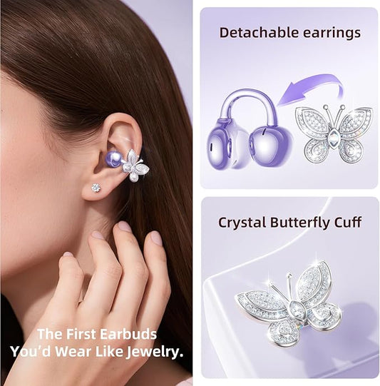 Kinglucky ClipFree Open-Ear Headphones, Butterfly-Inspired Ear-Cuff Design, Stylish & Comfortable Clip-On Ear Buds, Wireless Earbuds for Women, Long Battery Life, Great for Gifting - Purple