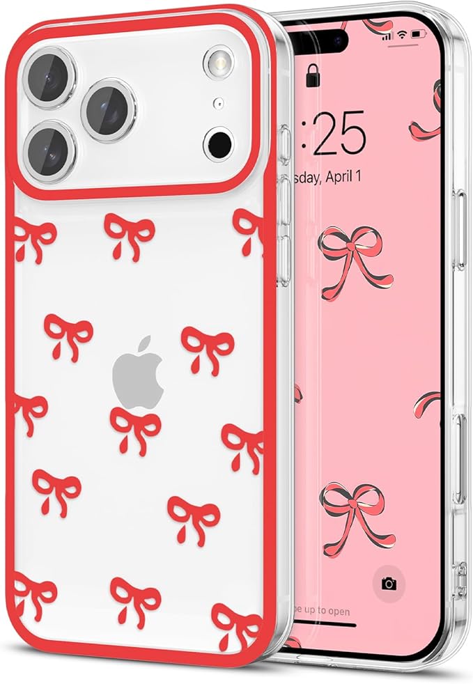 EYZUTAK Case for iPhone 17 Pro Max, Clear Cute Ribbon Bowknot Pattern Aesthetic Transparent Phone Case Raised Camera Protection Stylish Slim Soft Durable TPU Protective Cover for Women Girls - Red