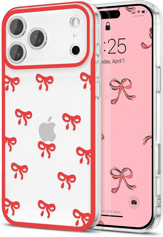 EYZUTAK Case for iPhone 17 Pro Max, Clear Cute Ribbon Bowknot Pattern Aesthetic Transparent Phone Case Raised Camera Protection Stylish Slim Soft Durable TPU Protective Cover for Women Girls - Red