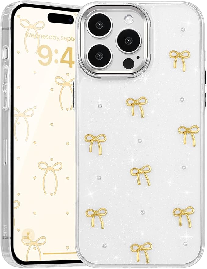 EYZUTAK Case for iPhone 15 Pro Max, Bling Glitter 3D Bowknot Phone Case Cute Sparkly Crystal Clear Bow Aesthetic Design Case Slim Soft Durable TPU Transparent Protective Cover for Women Girls-Gold Bow