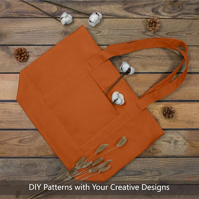 TOPDesign 1-Pack Canvas Tote Bags with an External Pocket, Reusable Grocery Shopping Bags, Top Zipper Closure, Daily Essentials (Orange)