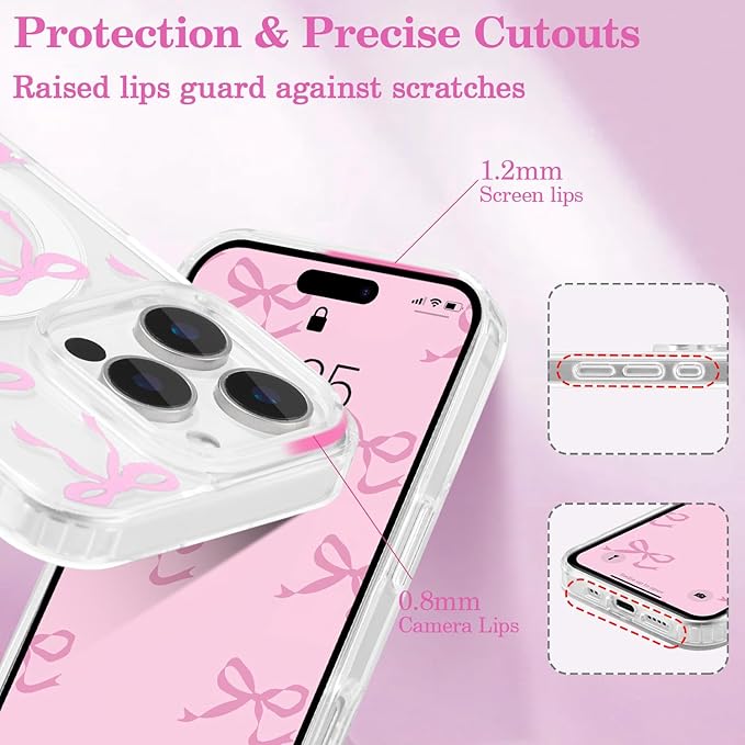 UEEBAI Magnetic for iPhone 13 Pro Case, Bow Case Compatible with MagSafe, Wireless Slim Clear Ribbon Aesthetic Phone Cover Anti-Yellowing Shockproof Protective Cover for Women Girl - Pink