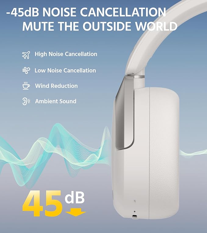 Edifier W830NB Wireless Over Ear Headphones with -45dB Active Noise Cancelling, 94H Playtime, LDAC Hi-Res Sound, Spatial Audio, Fast Charging, Multipoint Connection, Bluetooth V5.4 - Sandwhite