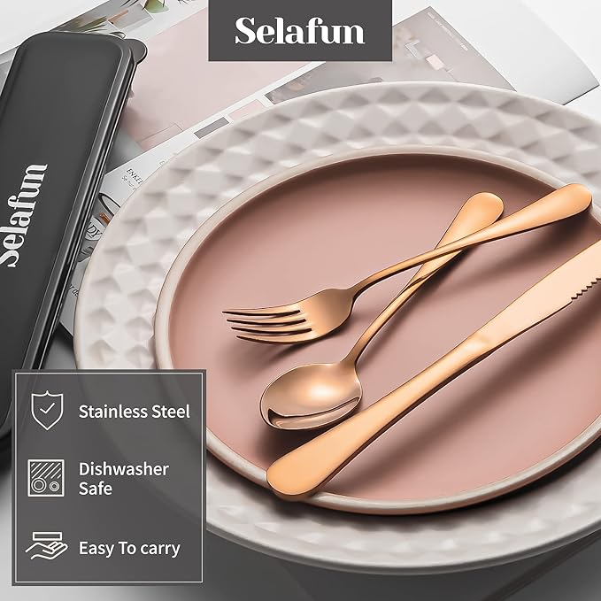 4-pieces Travel Set with Case Portable Silverware Utensils Set for work, Stainless Steel Reusable Flatware Set Cutlery Set for Camping Picnic Hiking Office (6.7inch, Rose Gold)