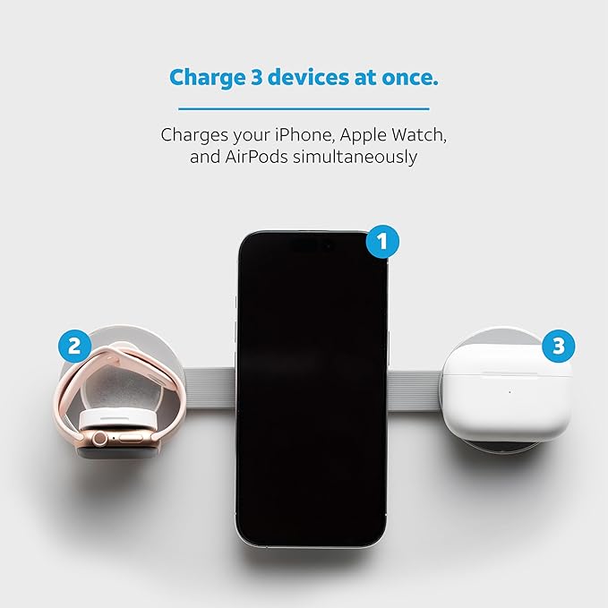 AT&T 3-in-1 Foldable Wireless Charging Station – 15W Qi-Certified Fast Charger Stand for iPhone 15/14/13, Android & AirPods – MagSafe Compatible – USB-C Cable Included – Silver