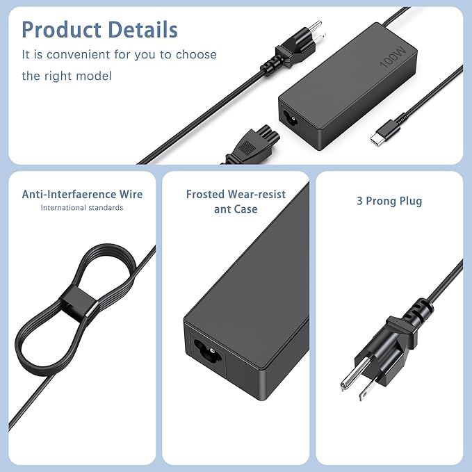 100W USB C Charger Fast Universal Laptop Charger, Compatible with Lenovo, Mac Book Pro/Air 16, 15, 14, 13 Inch, Lenovo ThinkPad, HP, Dell, Asus, Acer, Google Series Type C Power Cord