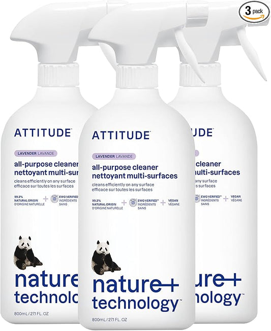 ATTITUDE All Purpose Cleaner Spray, EWG Verified, Vegan, Made with 94% Plant-Based Ingredients, Streak-Free for Kitchen, Bathroom, Glass & More, Lavender, 27.1 Fl Oz (Pack of 3)
