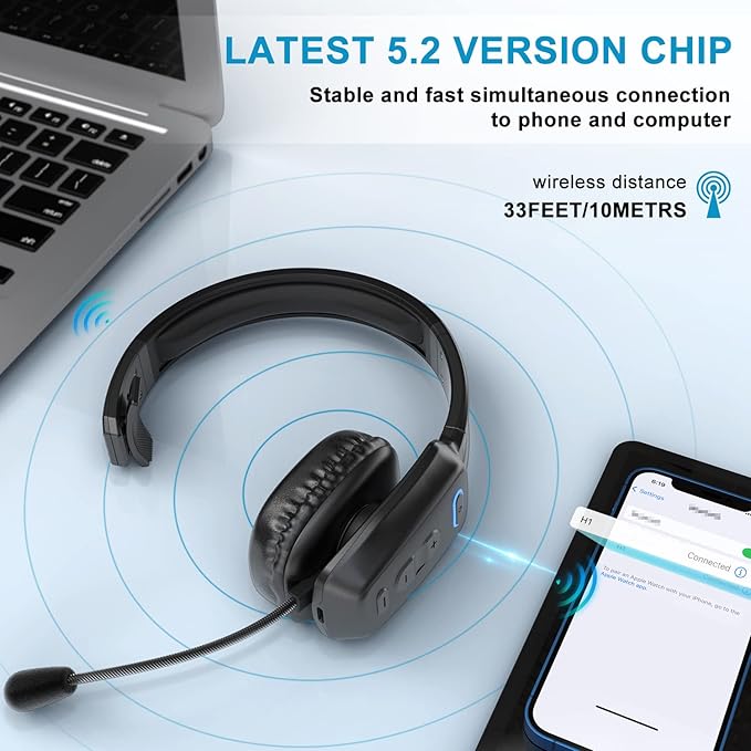 Bluetooth Headset, 60hrs Noise Canceling V5.2 Over Head Headphones, Single Ear Trucker Wireless Headset with Mic, Mute Button, Multipoint, for Phones PC Computer Truck Driver Office Work - Black