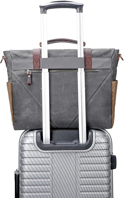 Messenger Bag for Men, Waterproof Genuine Leather Waxed Canvas Briefcase 15.6 Inch Laptop Larger Shoulder Bag with Key Bag