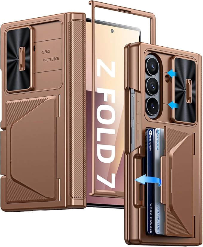 for Samsung Galaxy Z Fold 7 Case with Card Holder RFID Blocking, Built in Slide Lens Cover & Hinge Protection & Screen Protector, Shockproof Wallet Case for Z Fold 7 (Desert Gold)