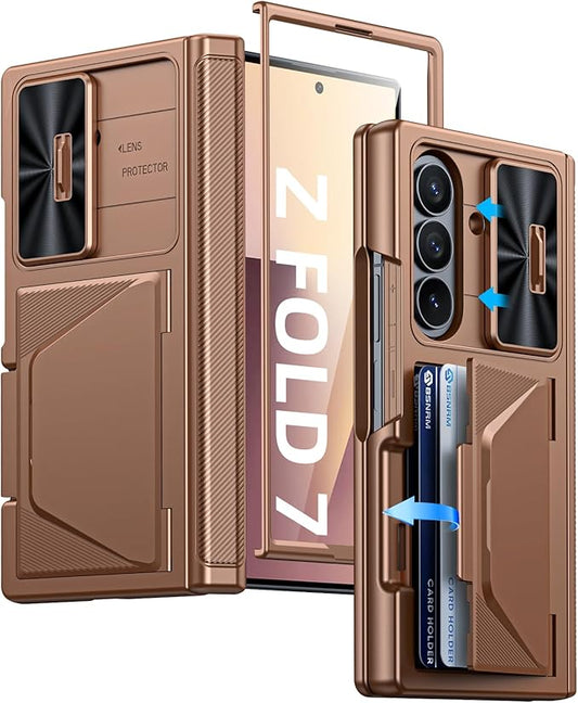 for Samsung Galaxy Z Fold 7 Case with Card Holder RFID Blocking, Built in Slide Lens Cover & Hinge Protection & Screen Protector, Shockproof Wallet Case for Z Fold 7 (Desert Gold)