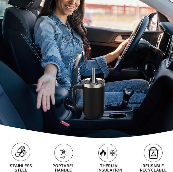 30 oz Tumbler with Handle,Tumbler with Lid and Straw,Double Wall Insulated Cup Stainless Steel Travel Mug(Cold for 34 Hours),Water Bottle for Iced Tea,Coffee,Cold Beverages(Black)