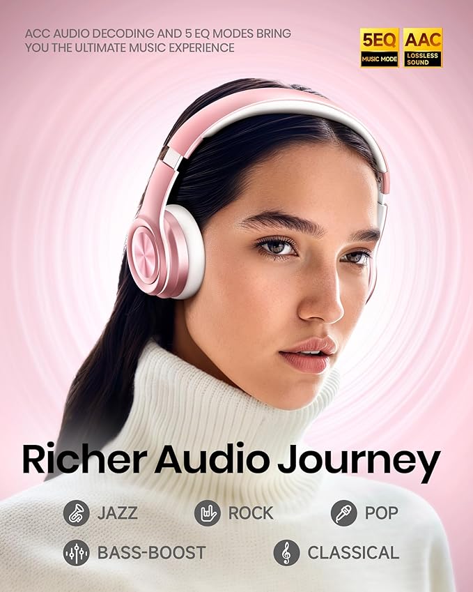 Picun Solo6 Wireless Bluetooth Headphones, 5EQ Music Mode, On-Ear Headphone with Built-in Microphone, Foldable Headset with 140H Battery Life, App Control for Girls, Home, School, Travel (Rose Gold)