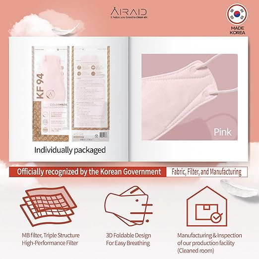 AIRAID-KF94 [Individually Wrapped] - Made in Korea, 3D Multicolor Packs, Face Protective Mask, Adult and Older Teens (Pink-20P)