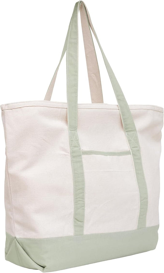 Sage Green Canvas Tote Bag - 22 Inch, Zipper Top, Exterior Pocket, 100% Cotton Tote Bag for Shopping, Picnic or Grocery - Premium Quality, Washable, Foldable, Sturdy Cotton Bag (Sage Green)