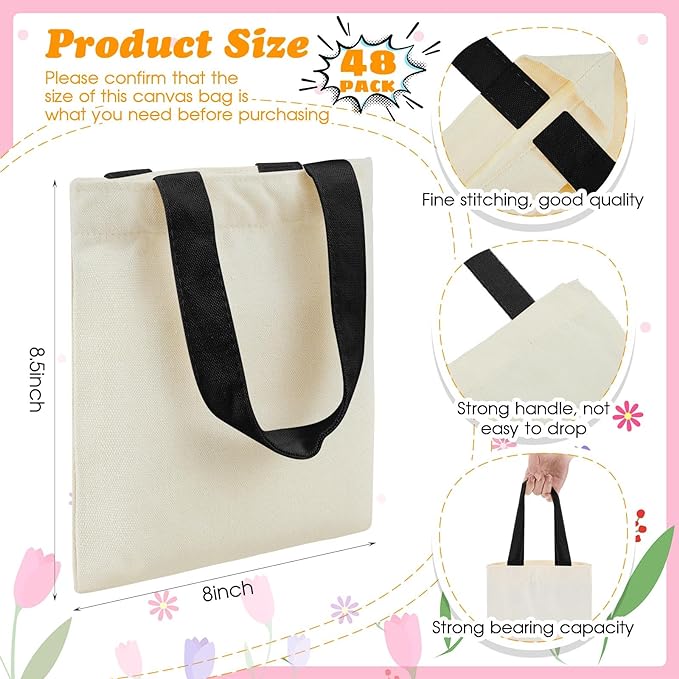 Amylove 48 Pcs Mini Tote Bag Sublimation Blank Canvas Tote Bags Reusable Grocery Luggage DIY Sack Goody for Party Even (8.5 x 8 Inch,Beige with Black Handle)